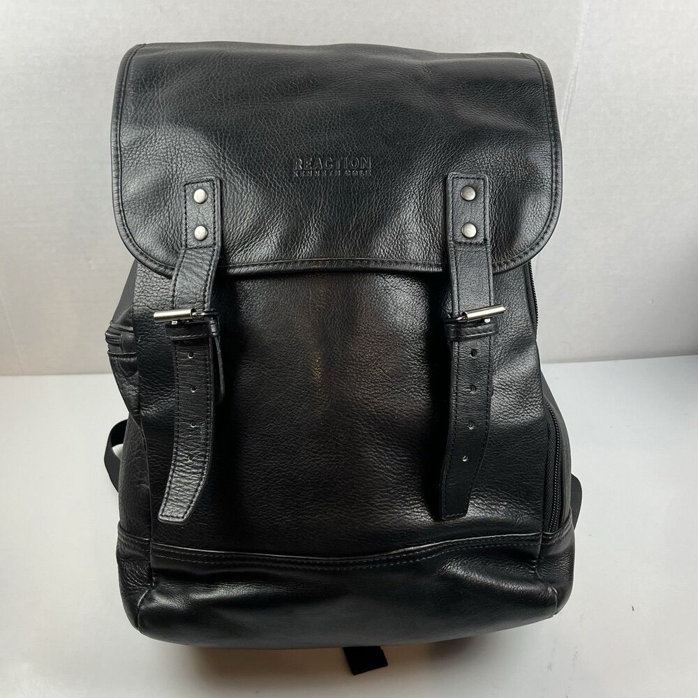 Kenneth Cole Reaction Genuine Leather Black Backpack Laptop Bag Bookbag Buckle